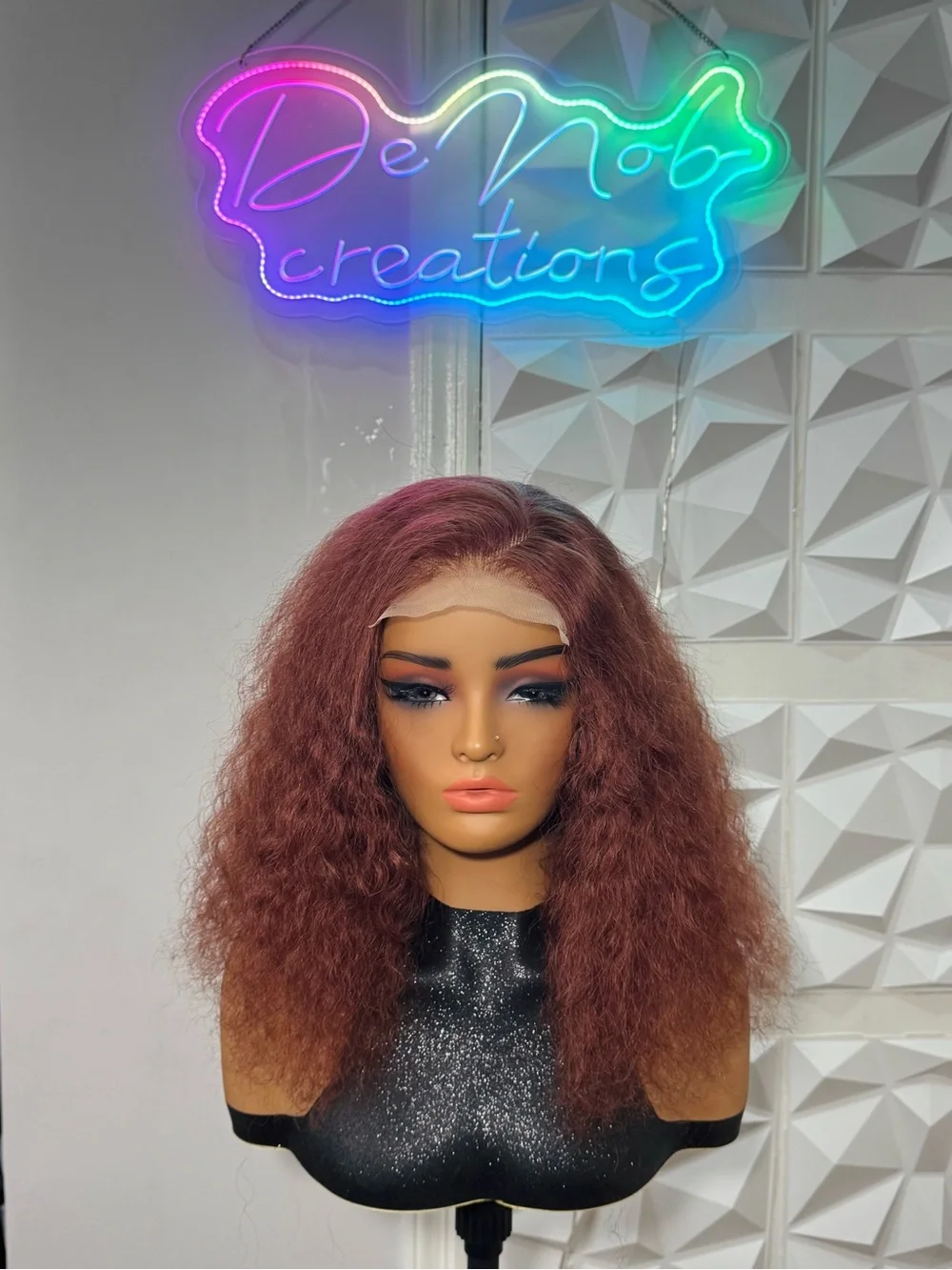 Curly Copper Wig 5x5 Lace Closure Glueless Wavy Hair Blend 14 Inches